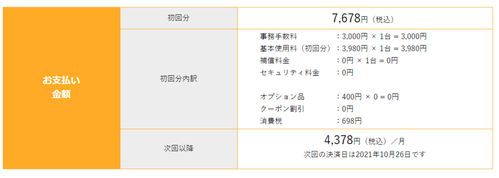 ギアWiFi初期費用確認画面