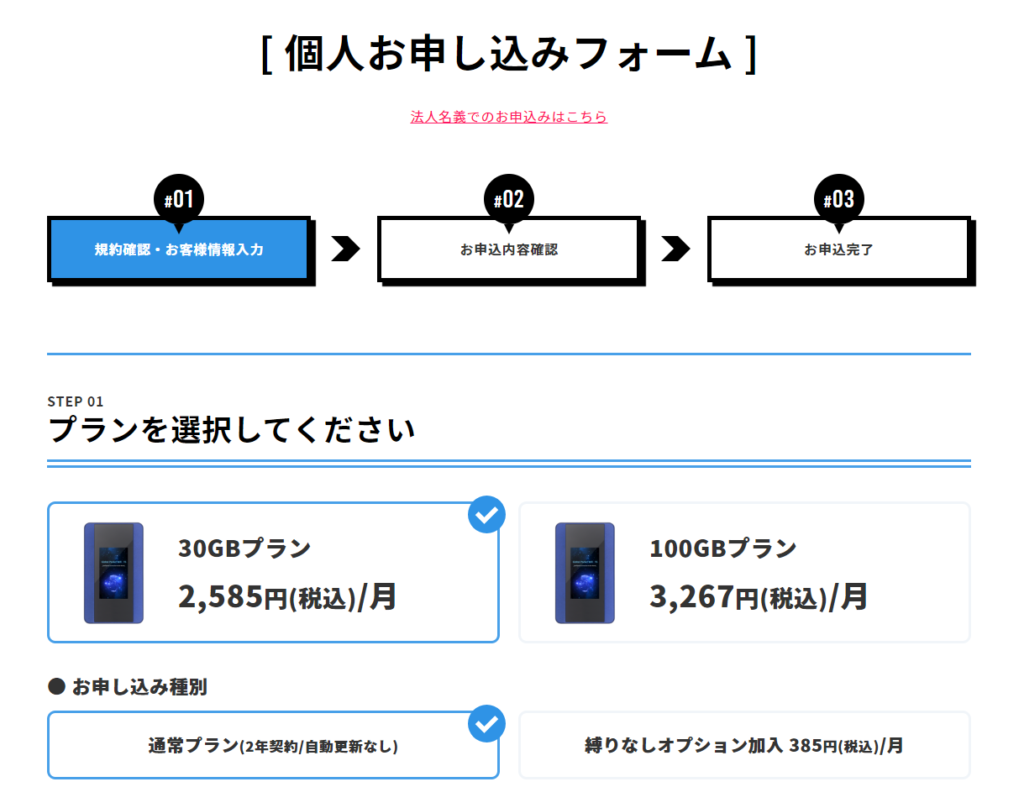 それがだいじWiFi　申込画面