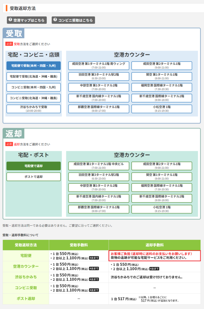 WiFiレンタルどっとこむの受け取り方法と返却方法の選択