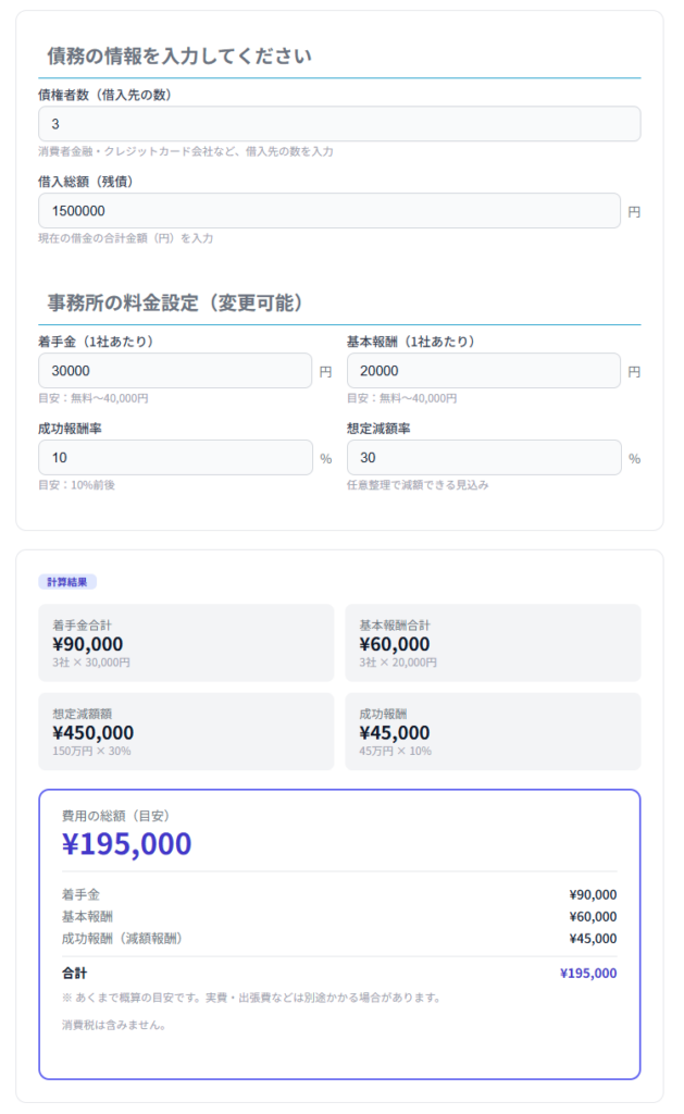 任意整理費用のシミュレーション
